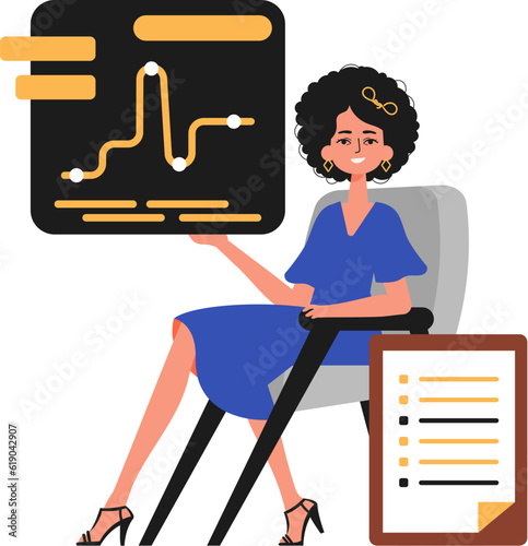 The female child sits in a mince and holds a graph with statistic. Trendy style, Vector Illustration