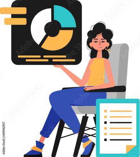 The female child sits in a mince and holds a graph with statistic. Trendy style, Vector Illustration