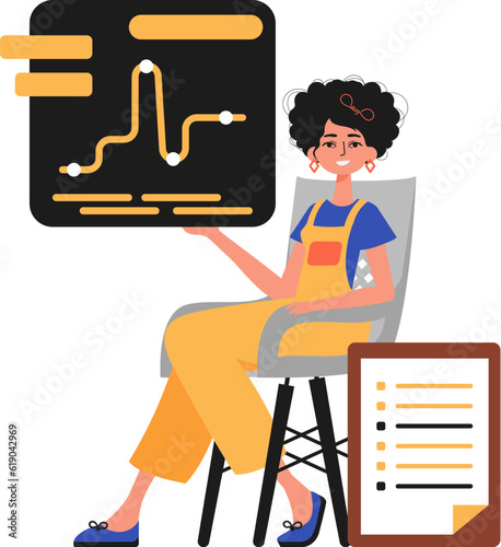 The female child sits in a mince and holds a graph with statistic. Trendy style, Vector Illustration