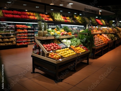 A large supermarket has a wide aisle full of fruit and vegetables, bright lighting from bulbs. Generative AI