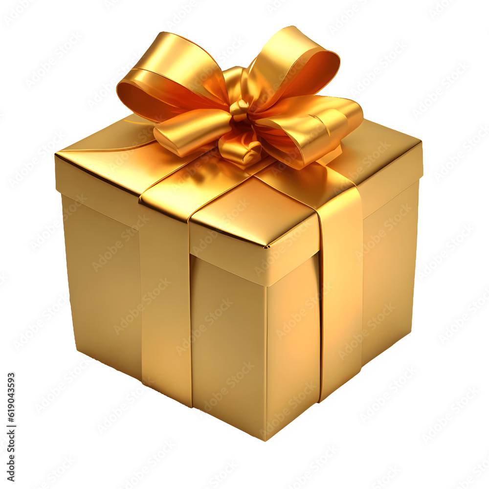 Obraz premium A realistic 3D of a golden gift box, adorned with a shimmering ribbon. Generative AI