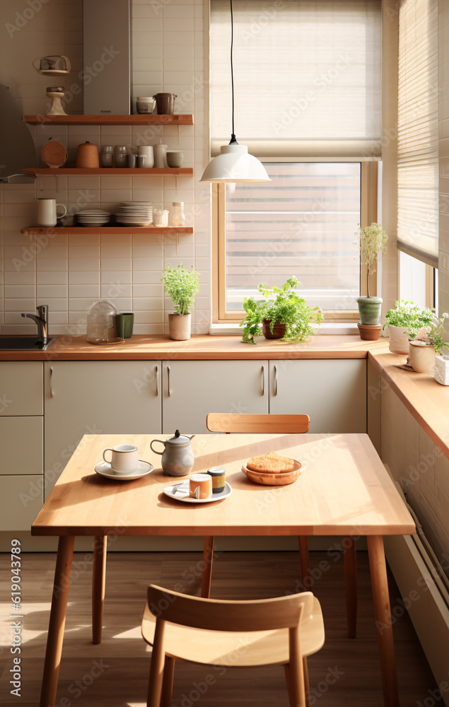 Modern kitchen wooden table, modern interior design, wooden chairs and table in modern dining room.