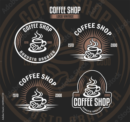coffee shop logo vector illustration vintage retro emblem sticker badges design template good for cafe