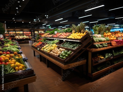 The interior of a supermarket filled with fruit and vegetable on the shelf, and light from bulbs. Generative AI