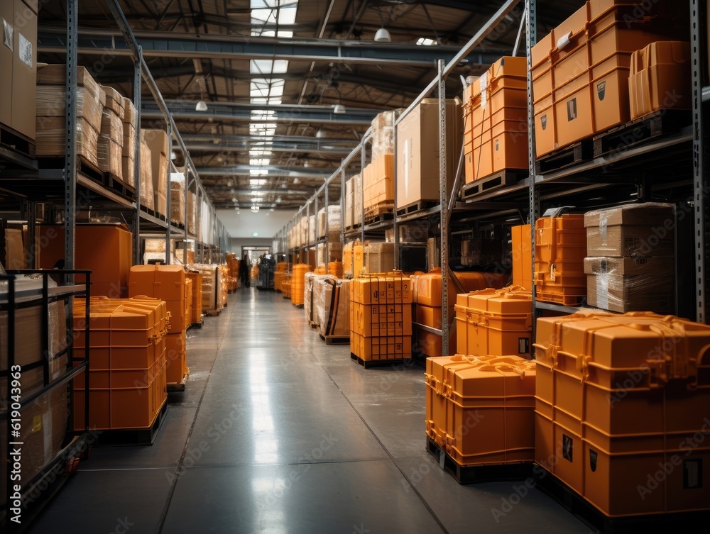A large warehouse with multiple stacks of parcels and merchandise, long corridor along the way, light shines through roof windows. Generative AI A large warehouse with multiple stacks of parcels and merchandise, long corridor along the way, light shines through roof windows. Generative AI