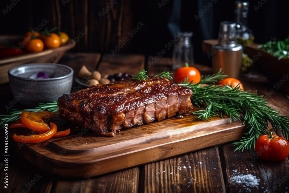 Appetizing grilled ribs, restaurant serving. Generative AI. Appetizing grilled ribs, restaurant serving. Generative AI.