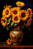 Clay vase filled with yellow sunflowers. Generative AI