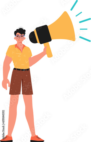 The derision is holding a bullhorn in his hand. Trendy style, Vector Illustration