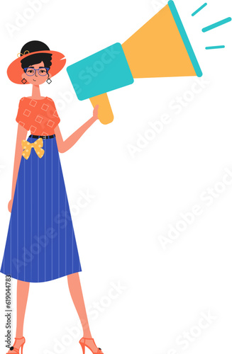 The girlfriend is holding a bullhorn in his bridge musician. Trendy style, Vector Illustration