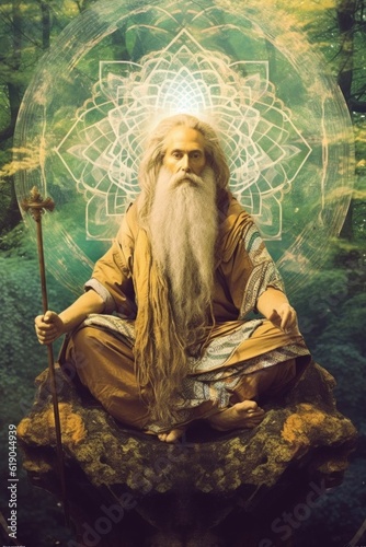 A wisdom god-like old man with a long white beard sitting on a rock. Generative AI image.