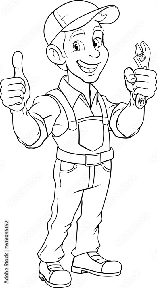 A handyman, mechanic, plumber or other construction cartoon mascot man holding a wrench or spanner tool. A handyman, mechanic, plumber or other construction cartoon mascot man holding a wrench or spanner tool.