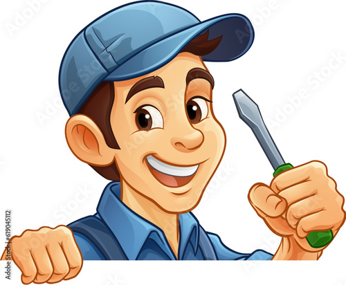 An electrician handyman or other construction cartoon mascot man holding a screwdriver tool.