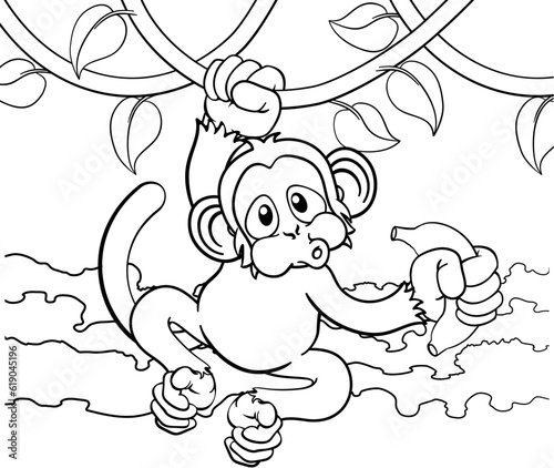 A monkey cartoon character singing on jungle vines with banana