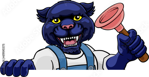 A panther plumber cartoon mascot holding a toilet or sink plunger peeking round a sign