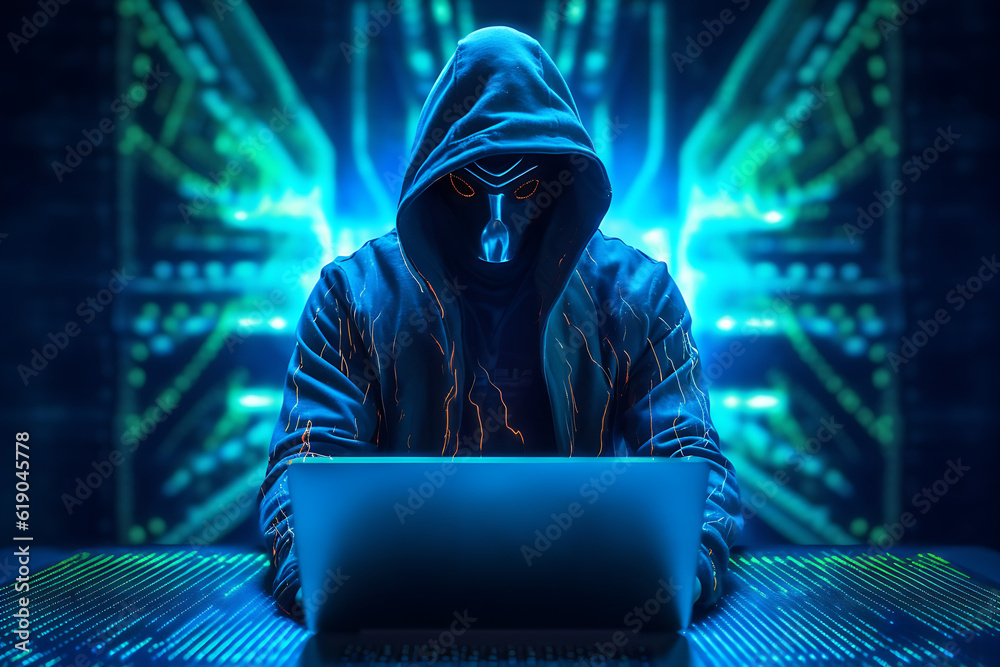Fototapeta Cyber criminal hacker in the hood with Anonymous
 mask using a laptop for cyber attack, Generative AI