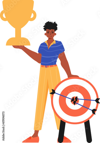 The guy holds the achiever 's cup in his hand. Trendy style, Vector Illustration