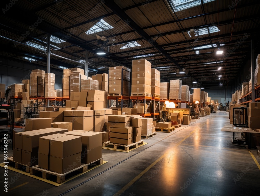 A large warehouse with multiple stacks of boxes, parcels, and merchandise is illuminated by a hanging lamp. Generative AI