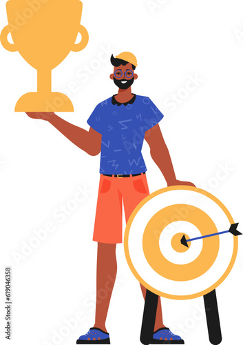 The derision holds the achiever 's cup in his template. Trendy style, Vector Illustration