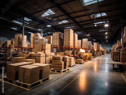 A large warehouse with multiple stacks of boxes  parcels  and merchandise is illuminated by a hanging lamp. Generative AI