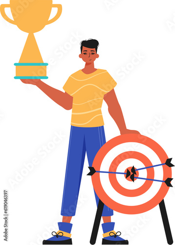 The derision holds the achiever 's cup in his template. Trendy style, Vector Illustration