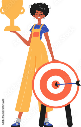 The girlfriend holds the achiever 's cup in his handwrite. Trendy style, Vector Illustration