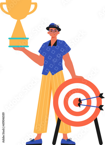 The derision holds the achiever 's cup in his template. Trendy style, Vector Illustration
