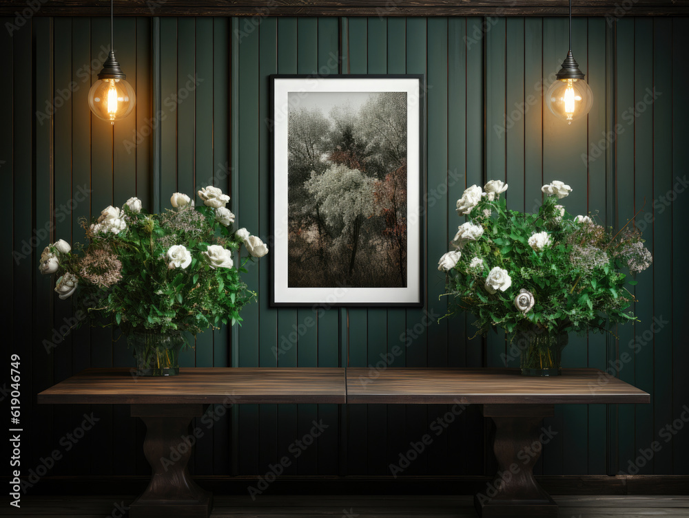 Mock-up poster frame in dark classic interior background, Mockups Design 3D, High-quality Mockups, Generative Ai Mock-up poster frame in dark classic interior background, Mockups Design 3D, High-quality Mockups, Generative Ai