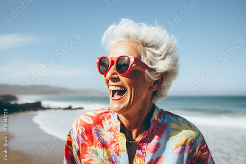 Illustration of mature senior woman on beach coast, happy woman walks on the beach, laughs, enjoys life, happy retirement in warm climes