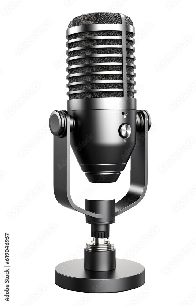 Professional grade microphone with stand on transparent background