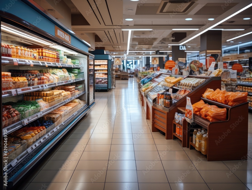 an inside of a supermarket with a variety of products, a long corridor, and light bulbs on the ceiling. Generative AI
