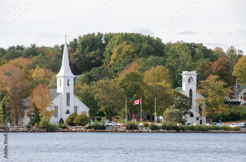 The famous three churches of Mahone Bay near to Lunenburg. Taken in Mahone Bay, Canada, 10.2022. photo