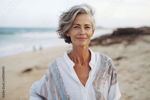 Illustration of mature senior woman on beach coast, happy woman walks on the beach, laughs, enjoys life, happy retirement in warm climes