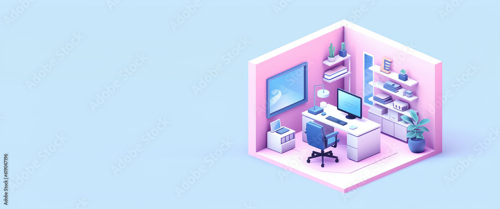 Isometric 3D office room with a workstation and computer. Gradient UI style in pastel light colors. Copy space, banner template. Generative AI 3d render illustration.