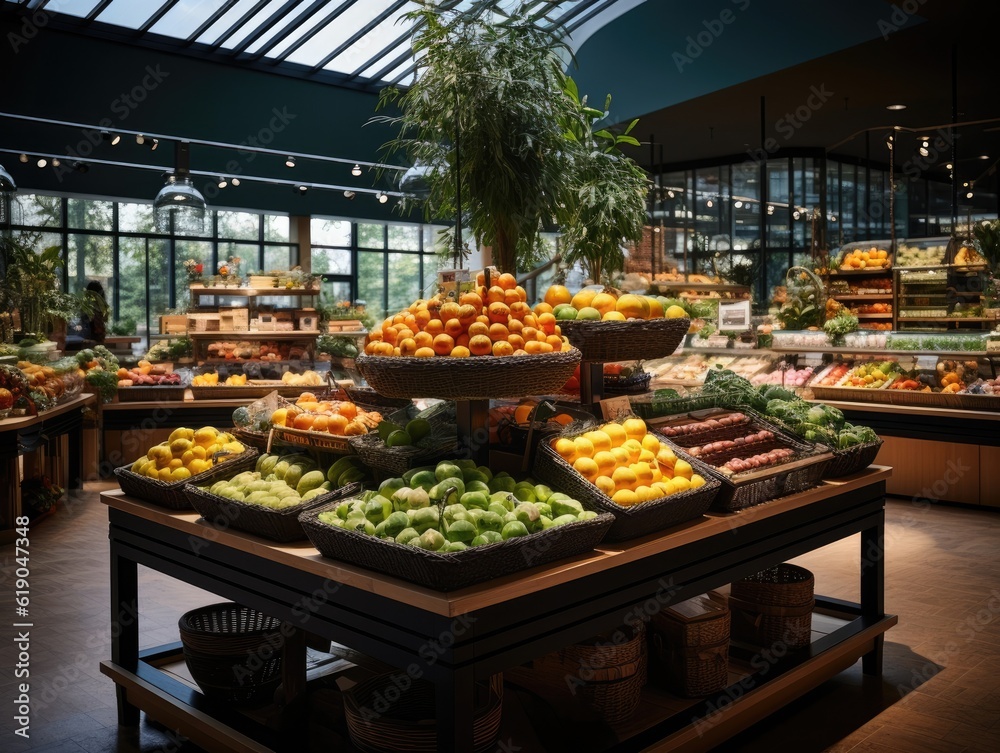 The interior of a supermarket filled with fruit and vegetable on the shelf, decorated with plants and light from bulbs. Generative AI