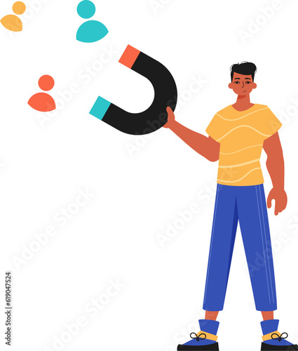 The Guy holds a attract chat up in his steep , which attracts consider. Trendy style, Vector Illustration