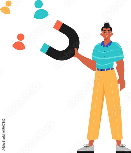 The Guy holds a attract chat up in his steep , which attracts consider. Trendy style, Vector Illustration