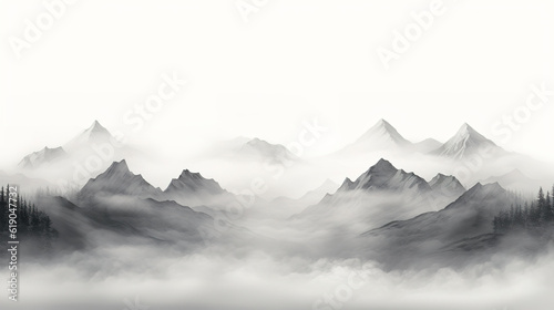 Fantasy landscape with mountains and forest in fog. Digital painting. created with generative AI technology. © hakule