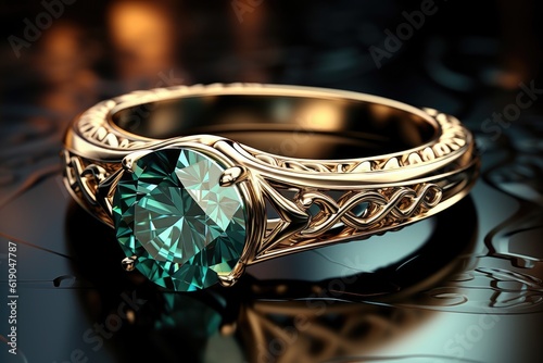 AI generated emerald gem gold ring on blurred background women jewelry. (Illustration, Generative AI)