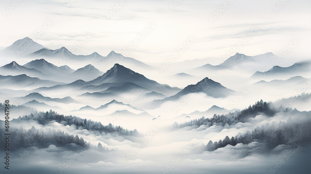 Fantasy landscape with mountains and forest in fog. Digital painting. created with generative AI technology.