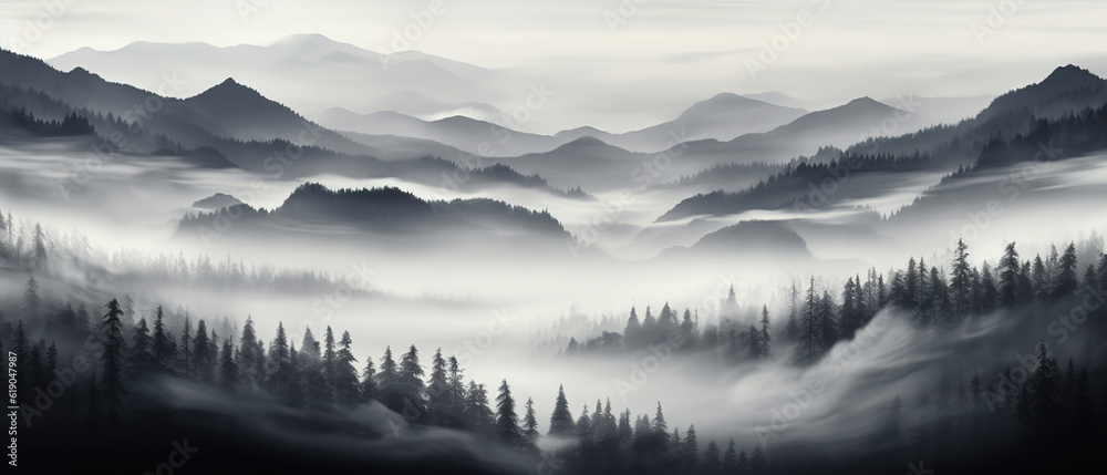 Obraz premium Foggy landscape with mountains. black and white. created with generative AI technology.