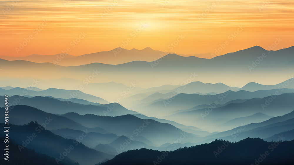 Mountain landscape at sunrise. Colorful natural scenery with fog in the valley. created with generative AI technology.