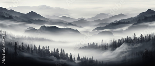 Foggy landscape with mountains. black and white. created with generative AI technology.