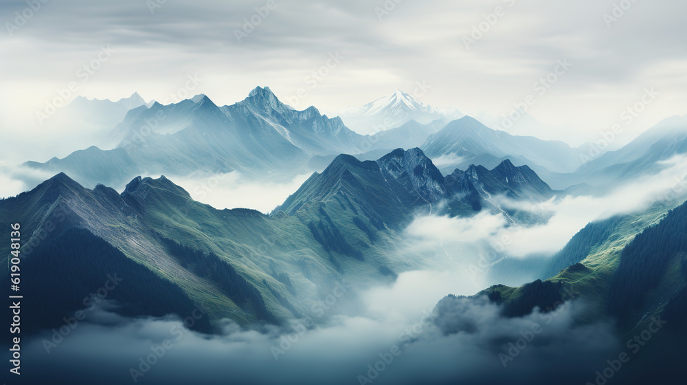 Mountain range with visible silhouettes through the morning fog. generative AI image.