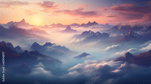 Mountain landscape at sunrise. Colorful natural scenery with fog in the valley. created with generative AI technology.