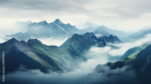 Mountain range with visible silhouettes through the morning fog. generative AI image. © hakule
