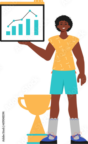 The guy holds a graph with positivist moral exponent in his workplace impel. Trendy style, Vector Illustration