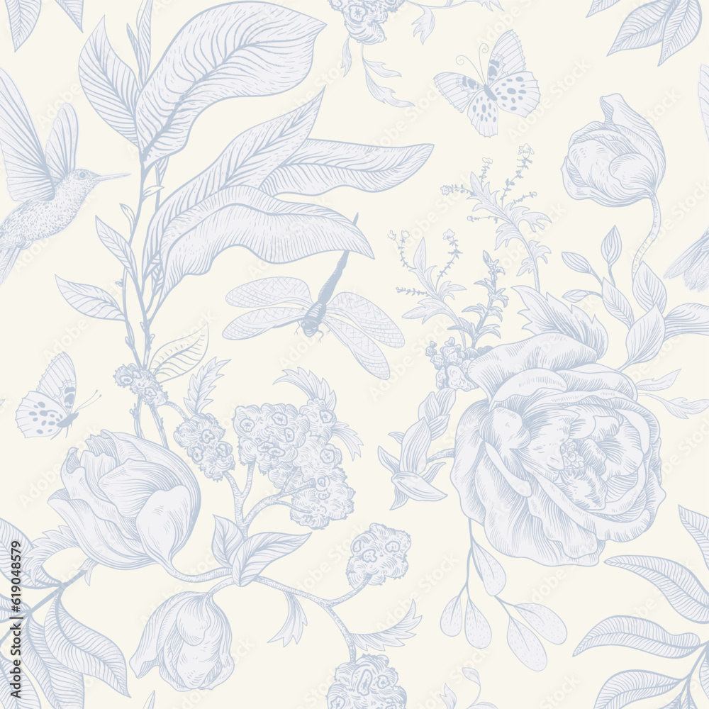 Fototapeta Seamless monochrome pattern with flowers. Wallpaper. Background with sketch climbing flowers. Retro graceful style. Design for textile, wallpaper, bed linen, paper, invitation, cover. Floral backdrop