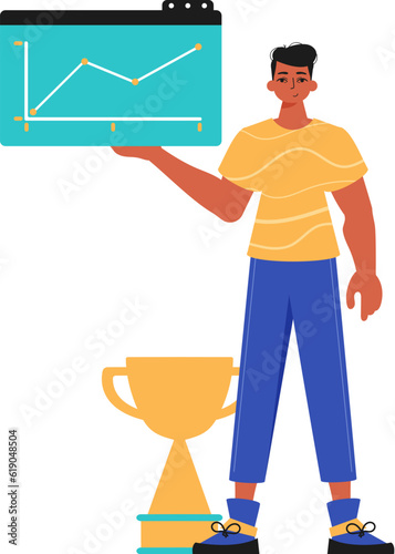 The ridicule holds a graph with positivist moral exponent in his workplace impel. Trendy style, Vector Illustration