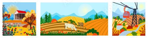 Set of cozy vector illustrations of autumn landscapes in the mountains. Ancient Greek pagan temple, on the background of autumn mountains, cute cows and a funicular hand drawn flat style.