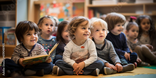 Kinder im Kindergarten haben Spaß und sind interessiert an Lesestunde, ai generativ